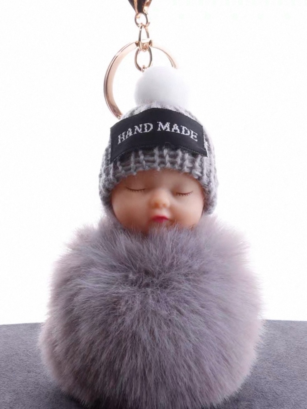 Cute Sleeping Baby Doll Light Gray Pom Pom Keychain Bag Charm